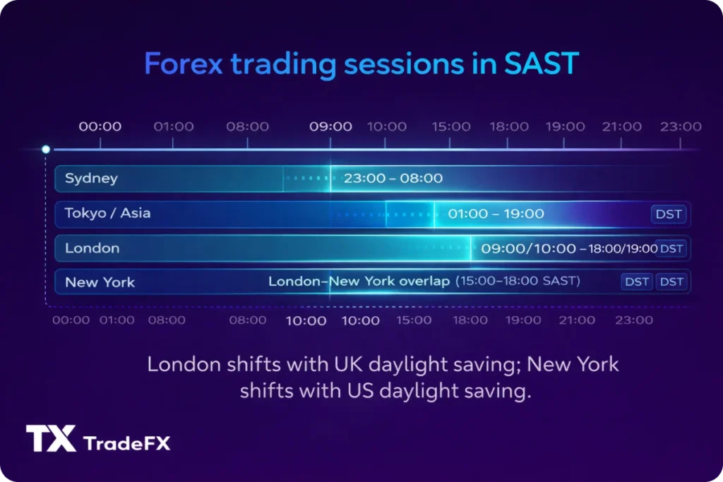 Infographic titled “Forex trading sessions in SAST” showing global forex market hours mapped to South African Standard Time. Horizontal timelines display session ranges for Sydney (23:00–08:00), Tokyo/Asia (01:00–19:00), London (09:00 or 10:00 to 18:00 or 19:00 depending on daylight saving), and New York, with a highlighted London–New York overlap from 15:00 to 18:00 SAST. Notes indicate that London shifts with UK daylight saving and New York shifts with US daylight saving. TradeFX branding appears at the bottom left.