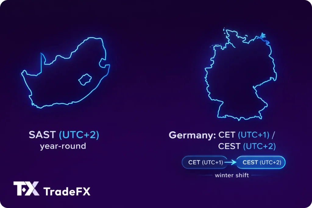 CEST vs SAST country map 2026 TradeFX illustrative media