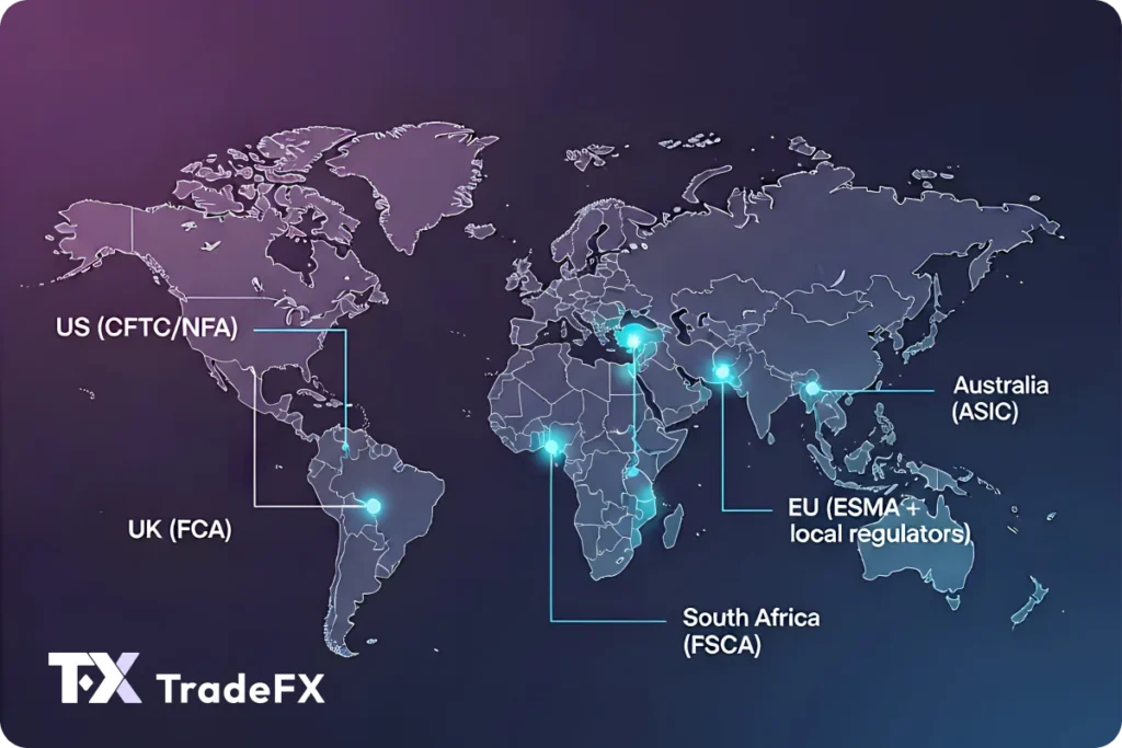 World map highlighting major forex regulatory regions, including the United States regulated by the CFTC and NFA, the United Kingdom regulated by the FCA, the European Union regulated by ESMA and local authorities, Australia regulated by ASIC, and South Africa regulated by the FSCA.