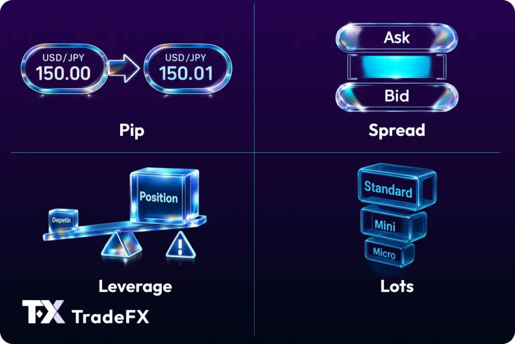 Four-panel infographic explaining core forex trading terms: a pip shown as a USD/JPY price moving from 150.00 to 150.01, a spread illustrated as the difference between bid and ask prices, leverage shown as a small deposit controlling a larger trading position, and lot sizes displayed as standard, mini, and micro trade units.