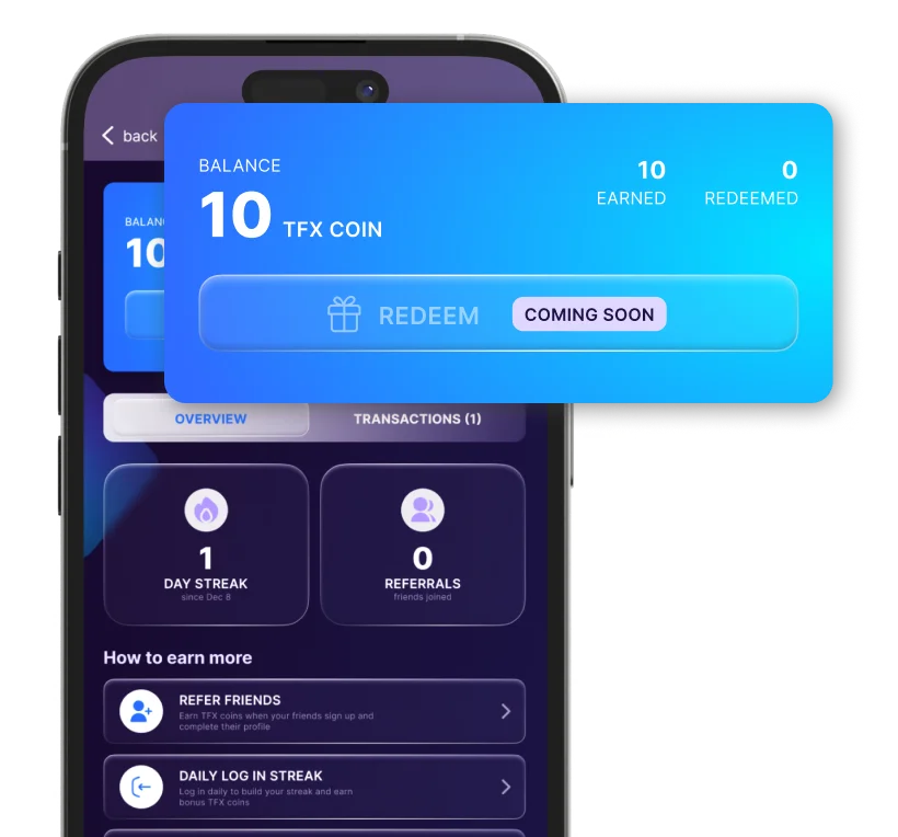 TFX App Reward Mockup 2026 TradeFX illustrative media
